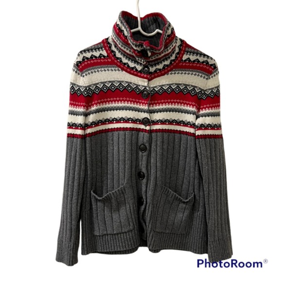 Eddie Bauer Womens Gray Red Mock Neck Merino Wool Blend Knit Sweater Size Medium - Picture 1 of 9